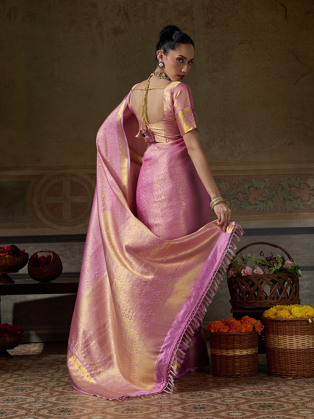 Peachmode Pink Kanjivaram Silk Woven Saree - Image 3