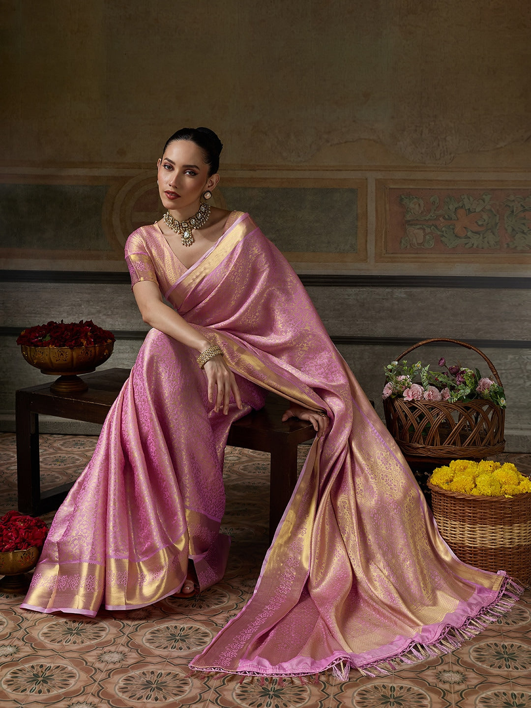 Peachmode Pink Kanjivaram Silk Woven Saree - Image 4