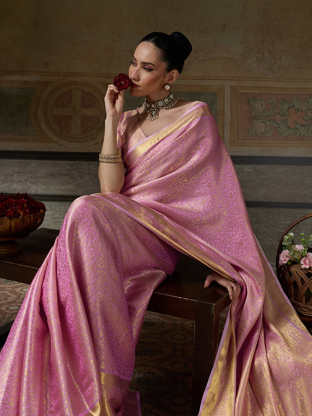 Peachmode Pink Kanjivaram Silk Woven Saree - Image 5