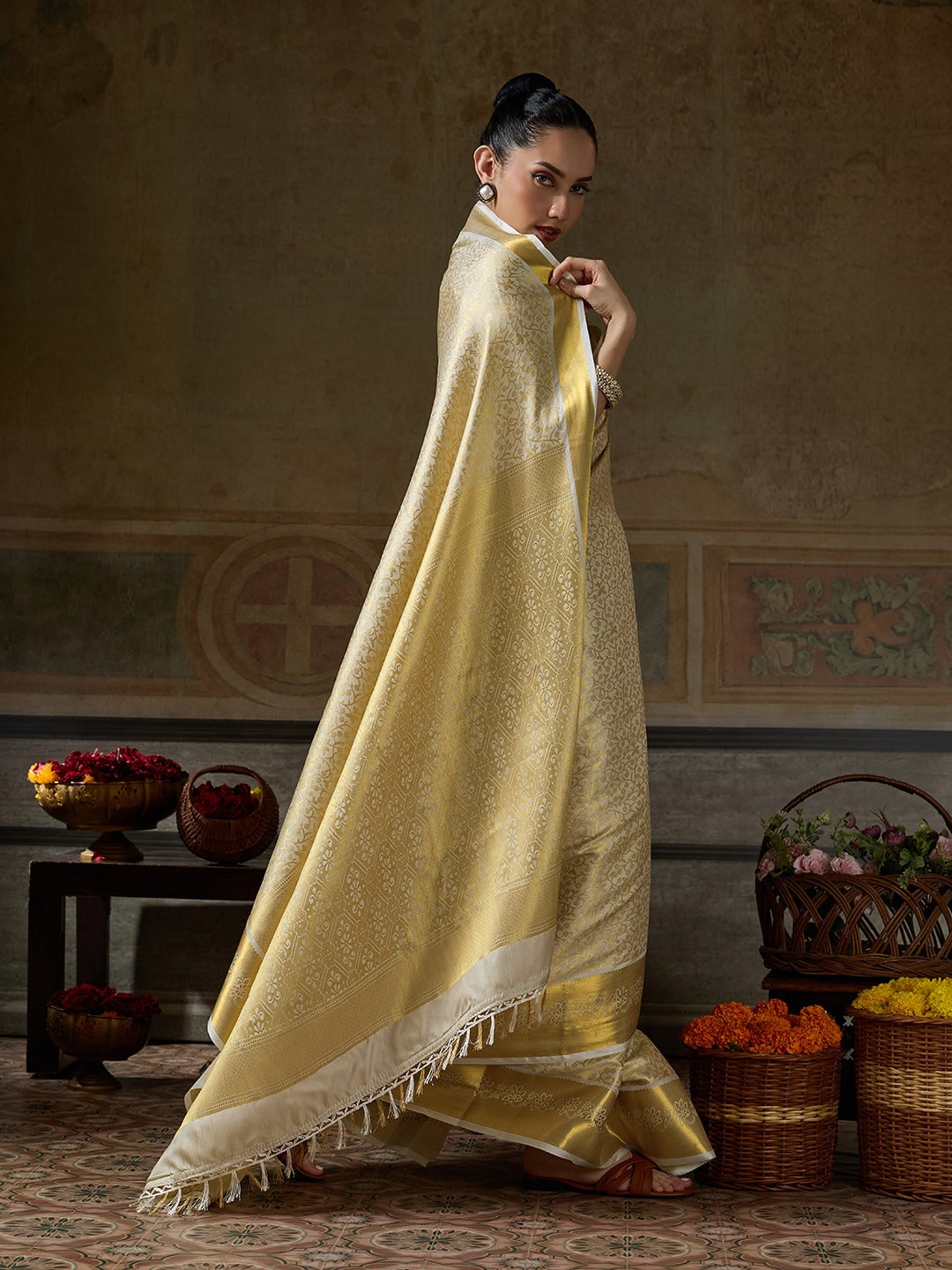 Peachmode Beige Kanjivaram Silk Woven Saree - Image 4