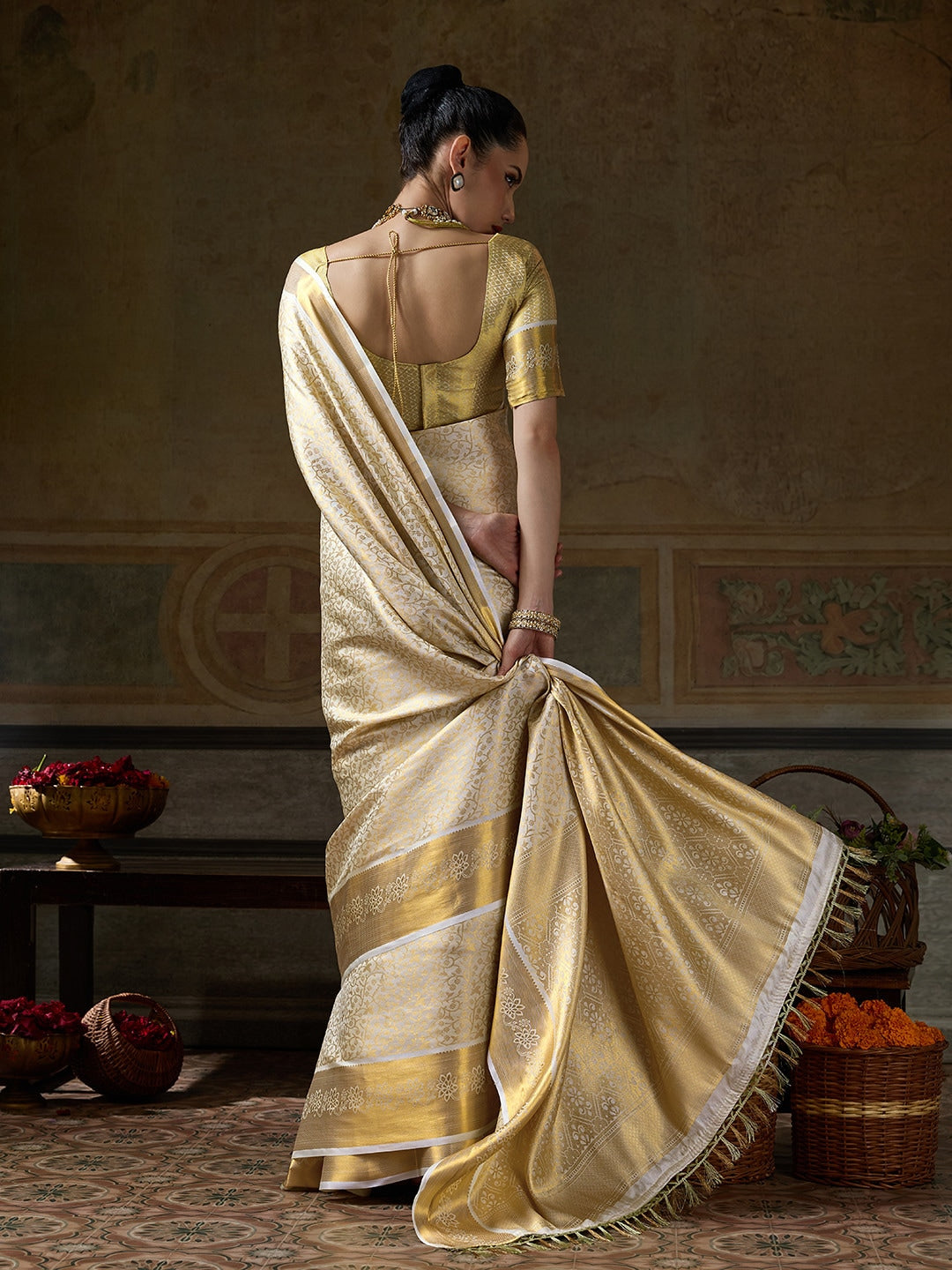 Peachmode Cream Kanjivaram Silk Woven Saree - Image 3