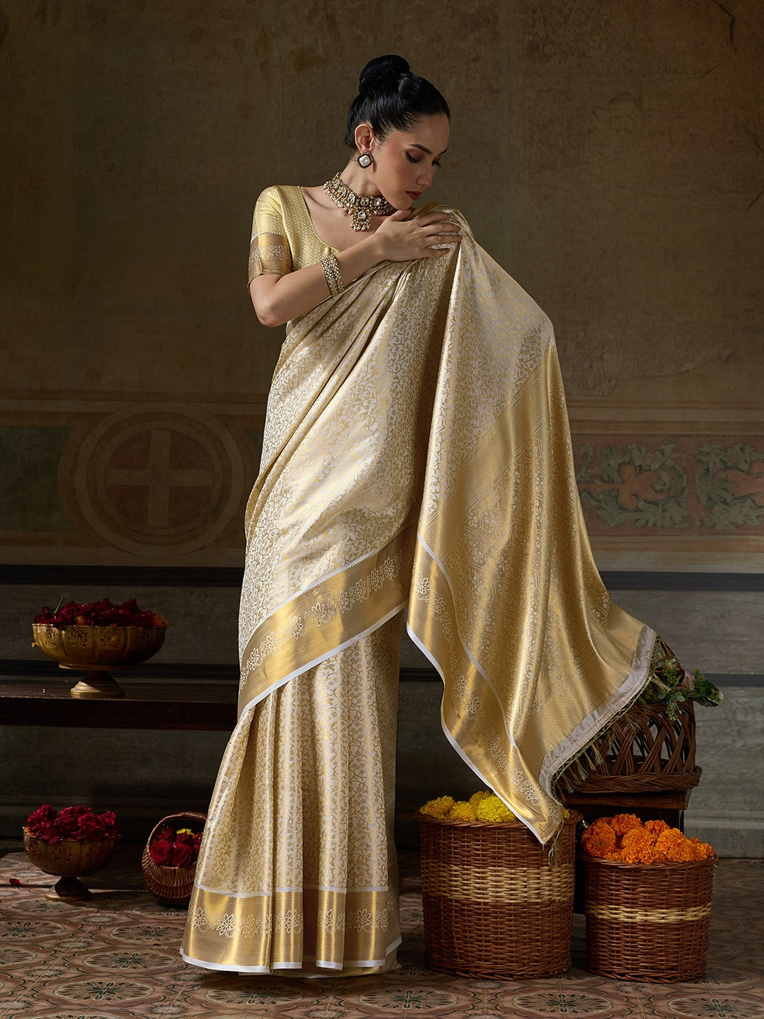 Peachmode Cream Kanjivaram Silk Woven Saree - Image 4