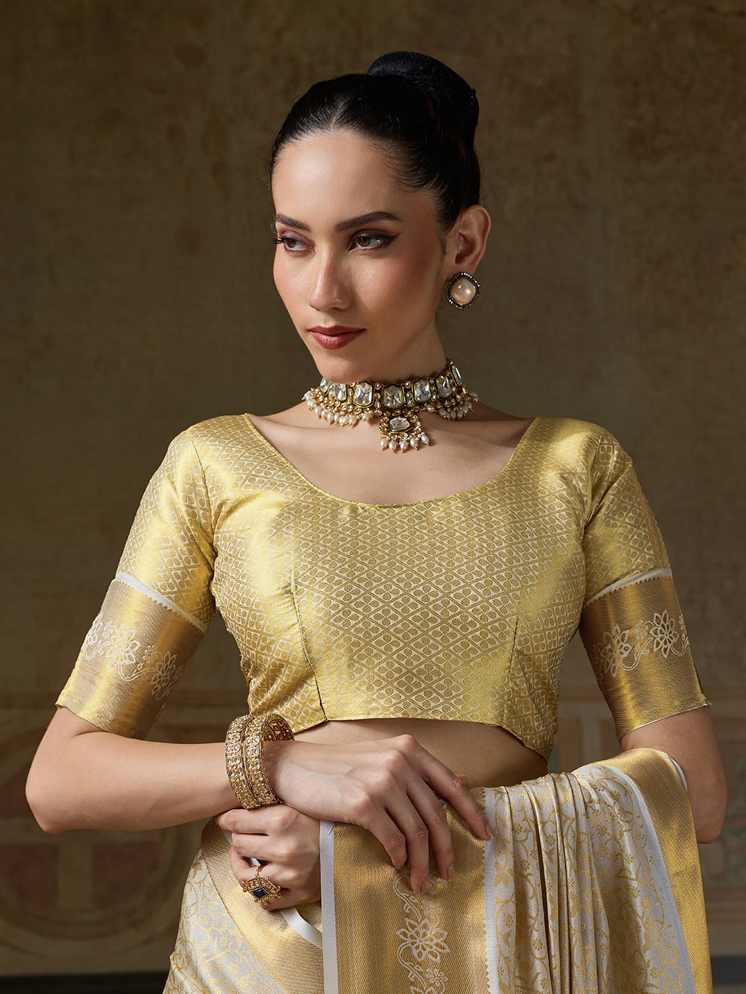 Peachmode Cream Kanjivaram Silk Woven Saree - Image 5