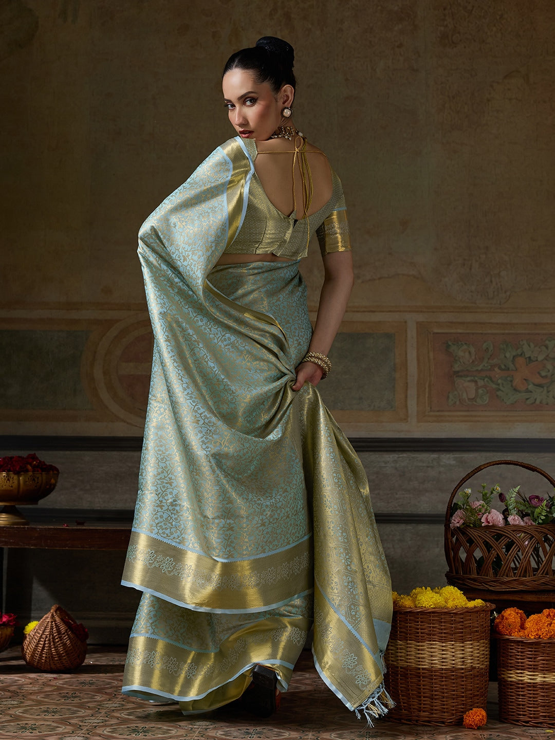 Peachmode Blue Kanjivaram Silk Woven Saree - Image 3