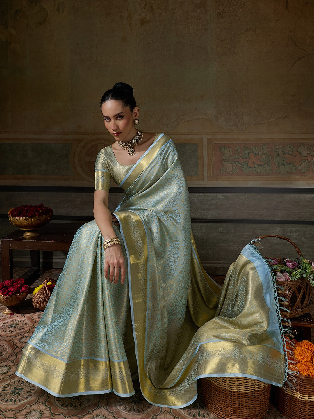 Peachmode Blue Kanjivaram Silk Woven Saree - Image 4