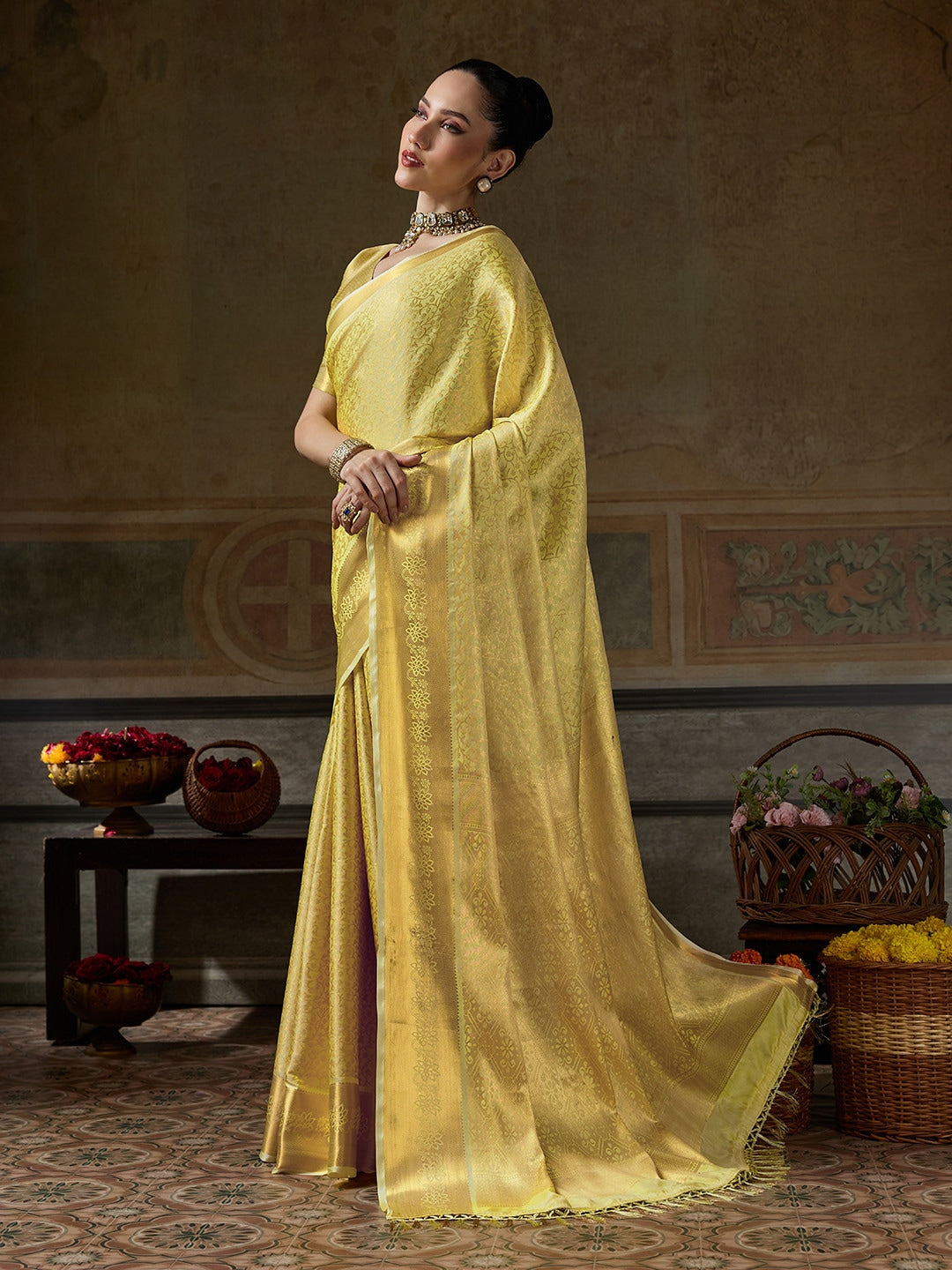 Peachmode Yellow Kanjivaram Silk Woven Saree - Image 2