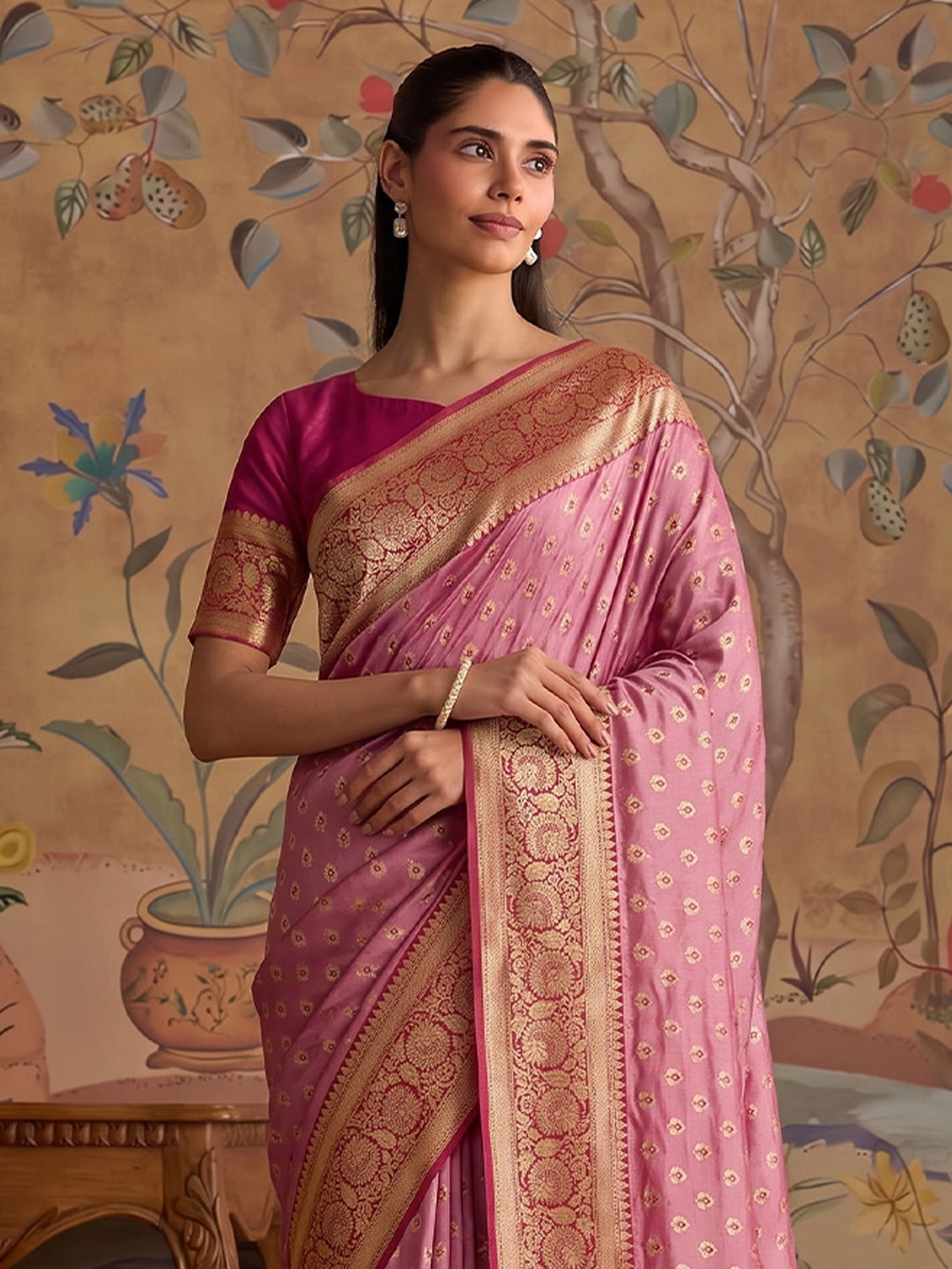 Peachmode Pink Silk Blend Woven Saree - Image 2