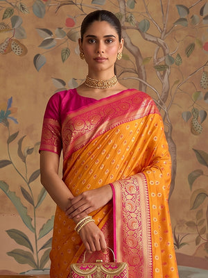 Peachmode Mustard Silk Blend Woven Saree - Image 2