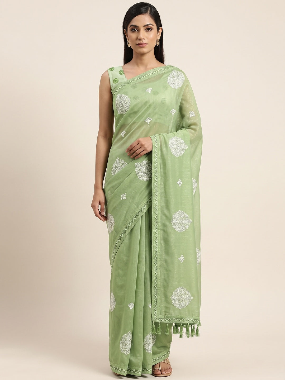 Green Embroidered Chiffon Saree With Elegant Tassel Borders - Image 1