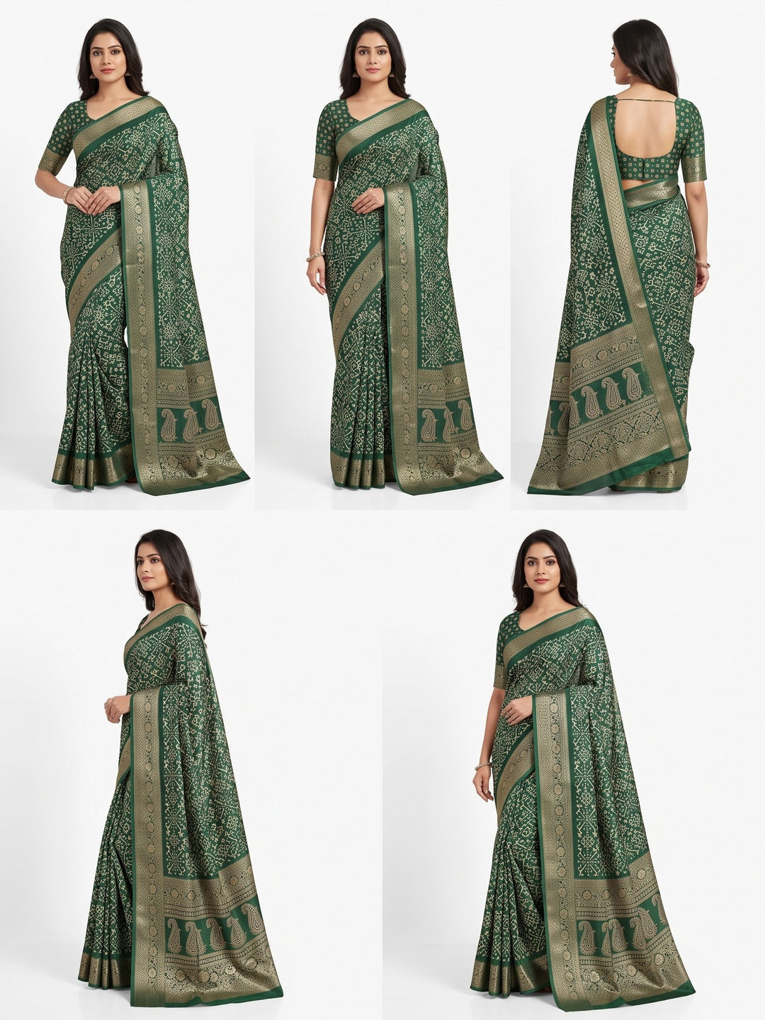Contemporary Green Geometric Mill Printed Dola Silk Saree With Ornate Floral Zari Border - Image 1