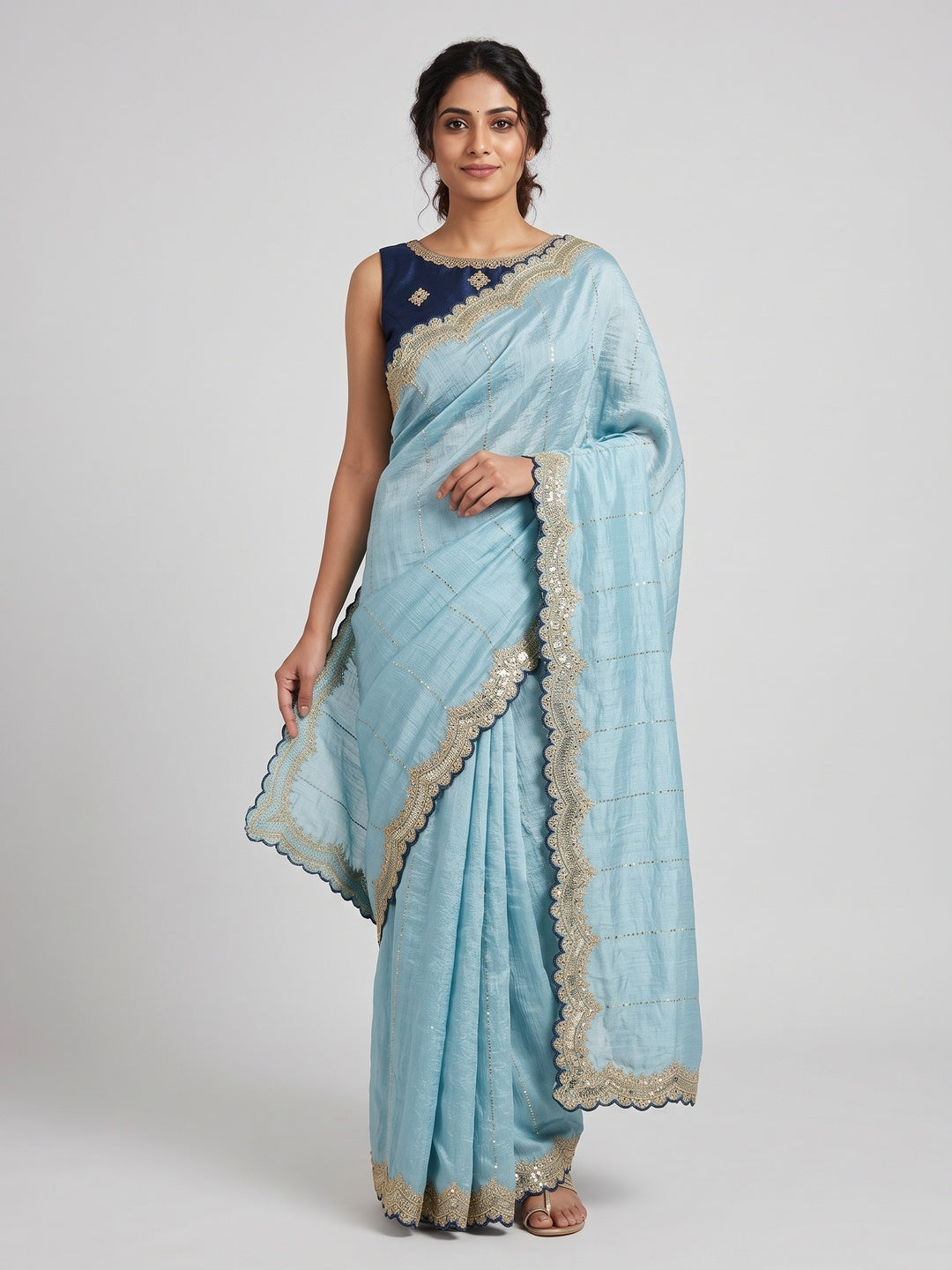 Blue Sequins Embroidered Tussar silk Saree - Image 1