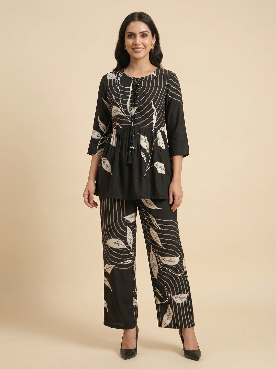 Black Floral Print Rayon A-Line Top and Pant Set with Modern Ethnic Look - Image 1