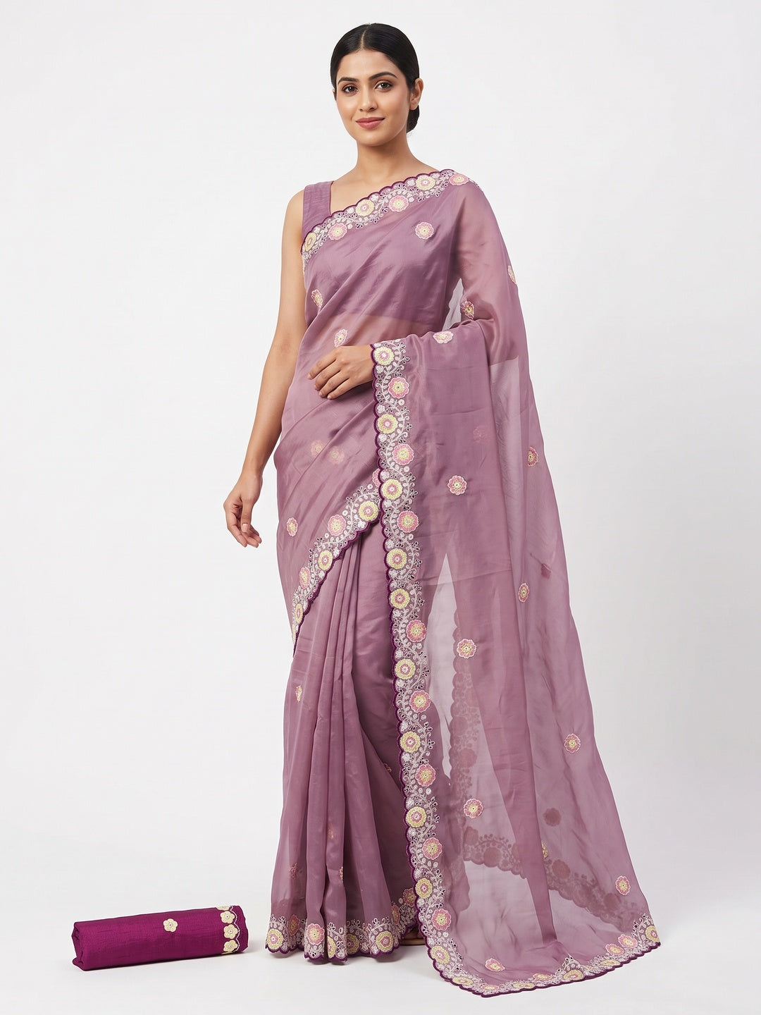 Mauve Organza Saree Adorned with Intricate Floral Embroidery - Image 1