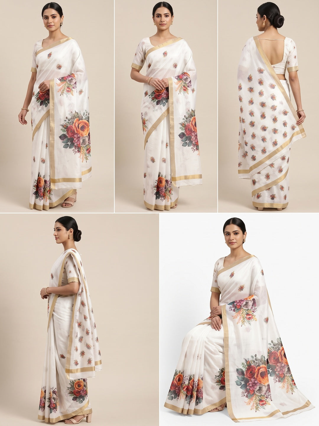 Elegant White Chanderi Saree with Floral Prints - Image 1