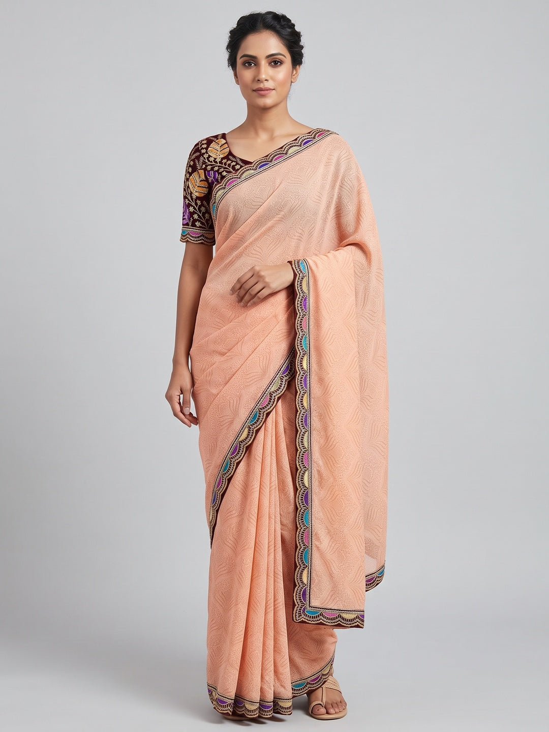 Light Peach Floral Printed Georgette Saree - Image 1