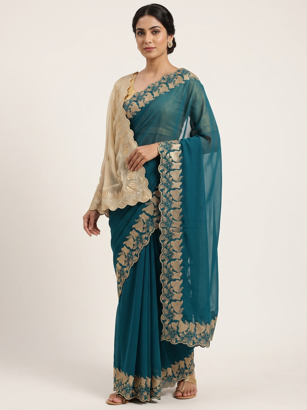 Elegant Teal Solid Georgette Saree Highlighted With A Delicate Floral Embroidered Border - Image 5