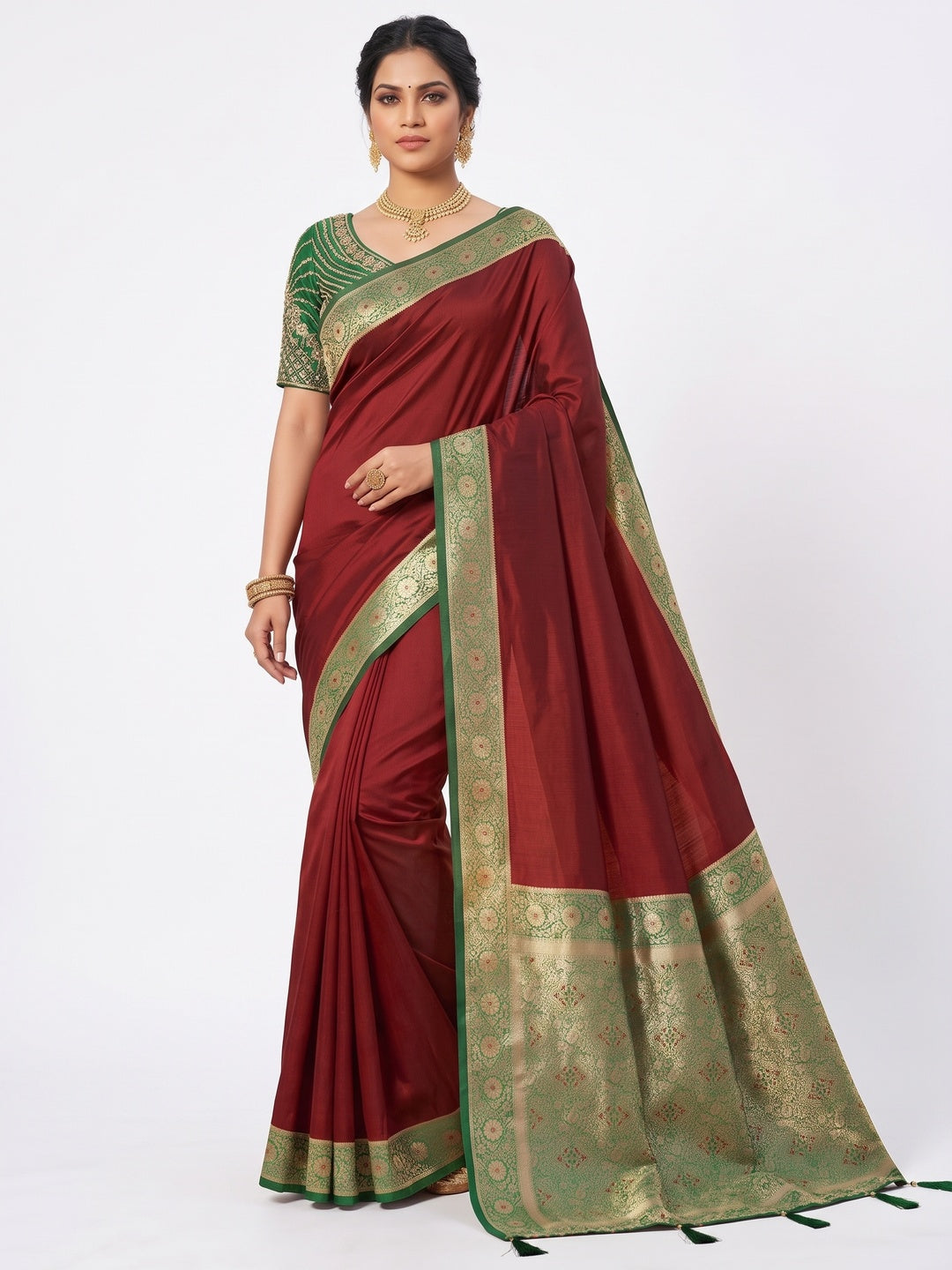 Ethnic Maroon Pure Silk Saree with Intricate Border Weaving and Stitched Blouse for Festive Occasions - Image 3