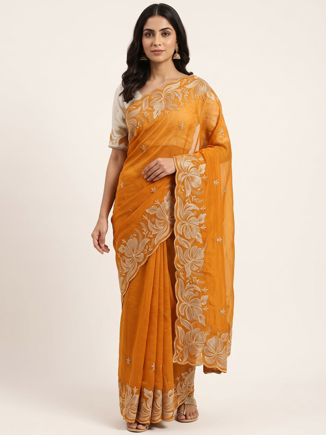 Mustard Golden Thread Embroidered Chiffon Saree for Elegant Evening & Celebration Styling - Image 1