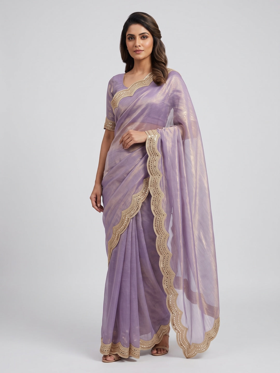 Lavender Solid Chiffon Saree Accented with Embellished Border - Image 1