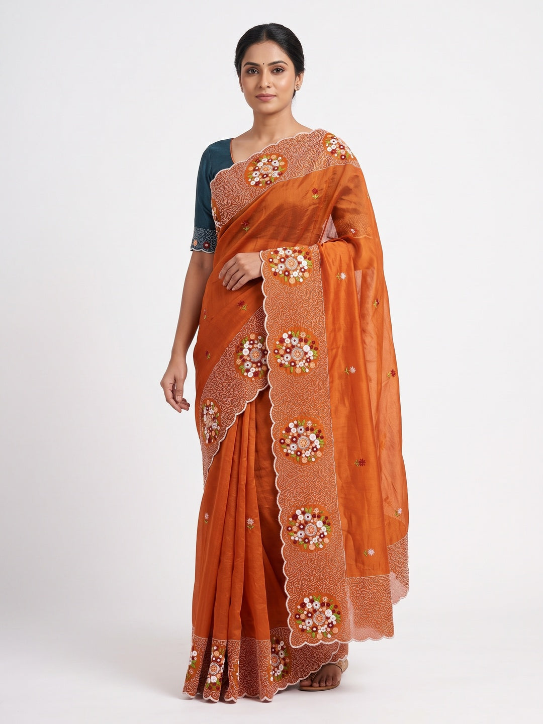 Orange Cotton Silk Saree with Beautiful Floral Embroidery for Parties & Celebrations - Image 1