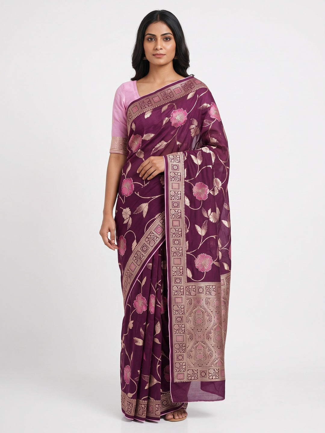 Purple Graceful Soft Muslin Saree Highlighted with Premium Meenakari Zari Work - Image 1