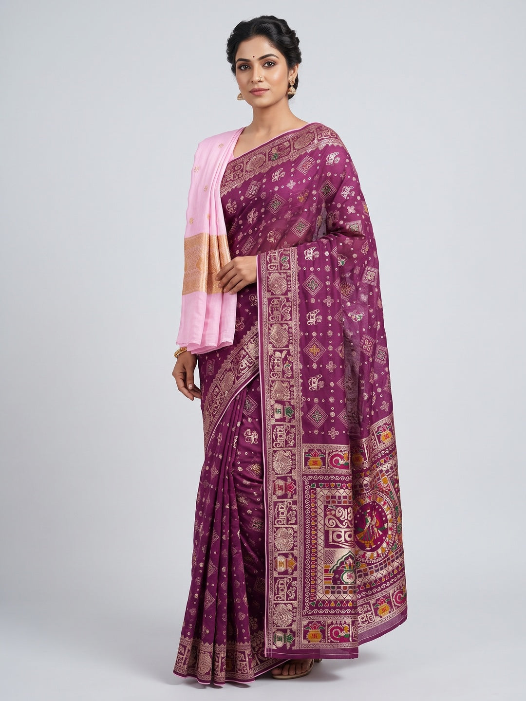 Purple Artistic Meenakari Zari Woven Muslin Soft Saree with Smooth Fall - Image 1
