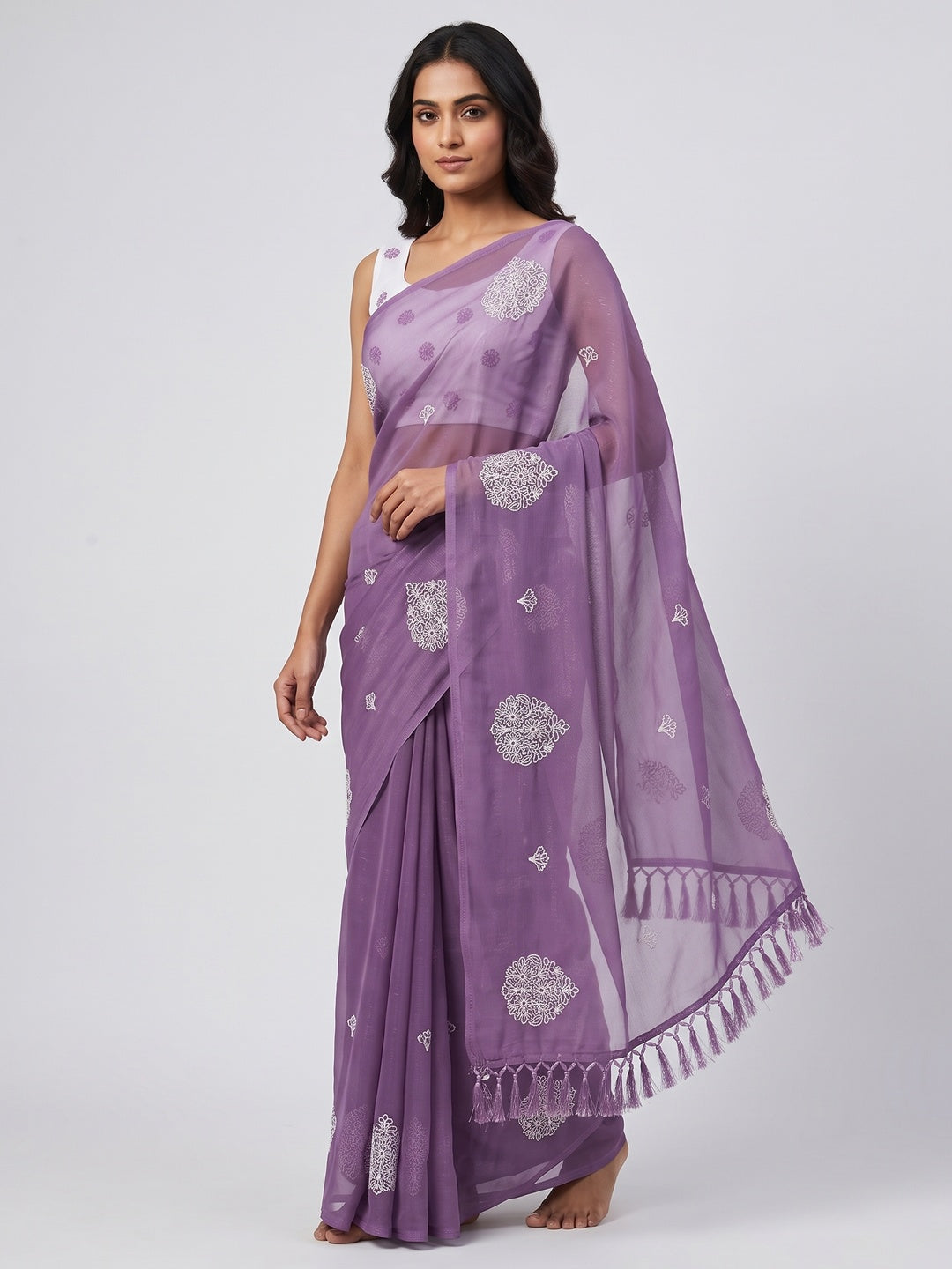 Purple Embroidered Chiffon Saree With Elegant Tassel Borders - Image 1