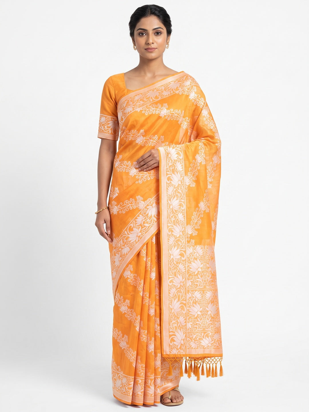 Orange Floral Woven Banarasi Silk Saree With Tassels - Image 1