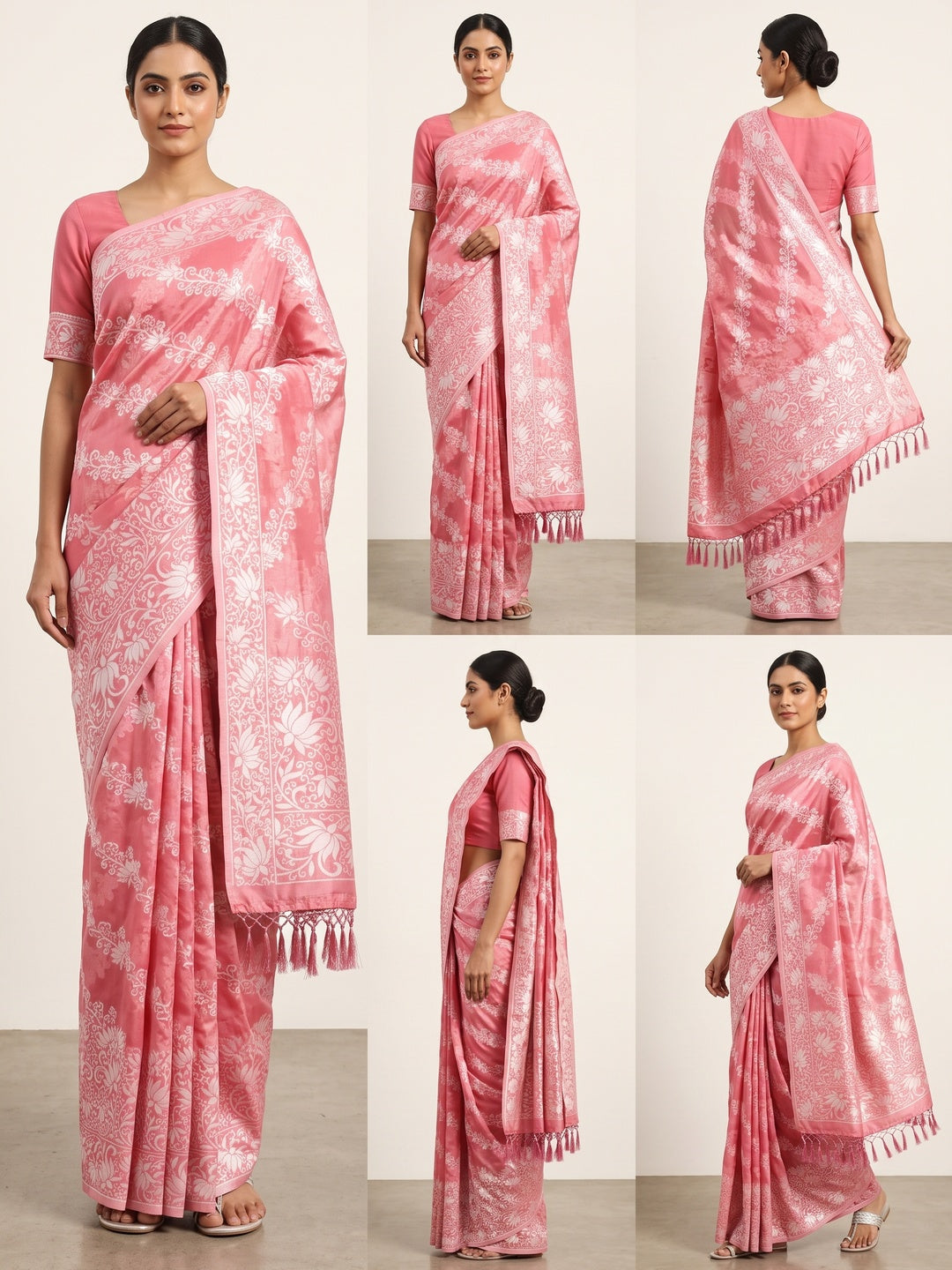 Gajari Pink Floral Woven Banarasi Silk Saree With Tassels - Image 1
