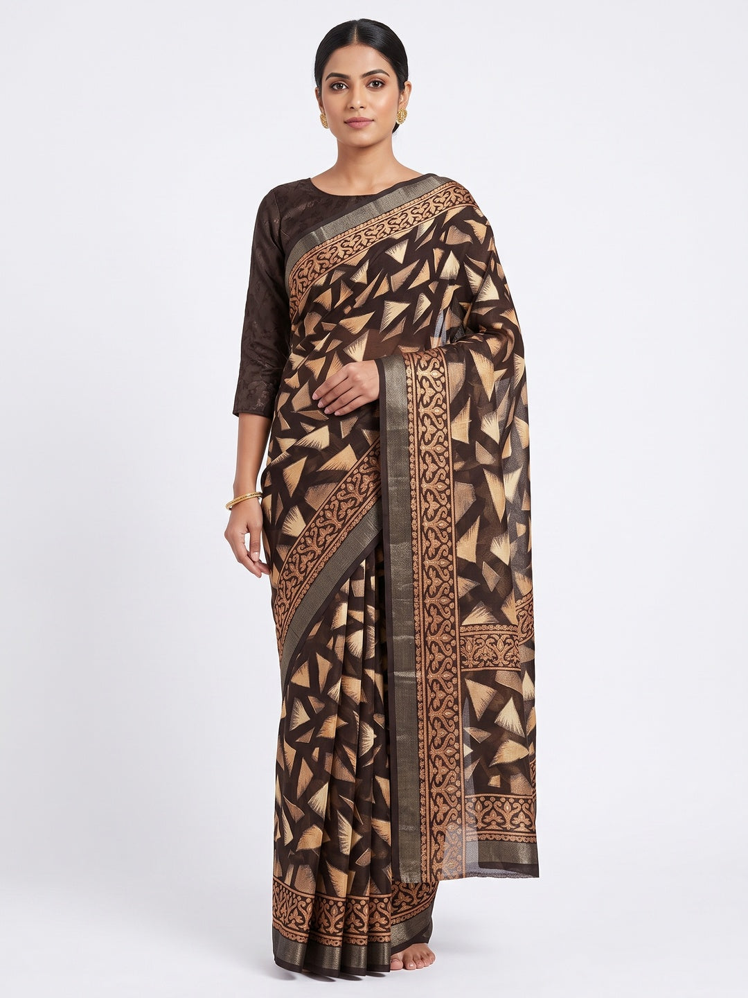Dark Brown Saree in Brasso with Contemporary Geometric Print - Image 1