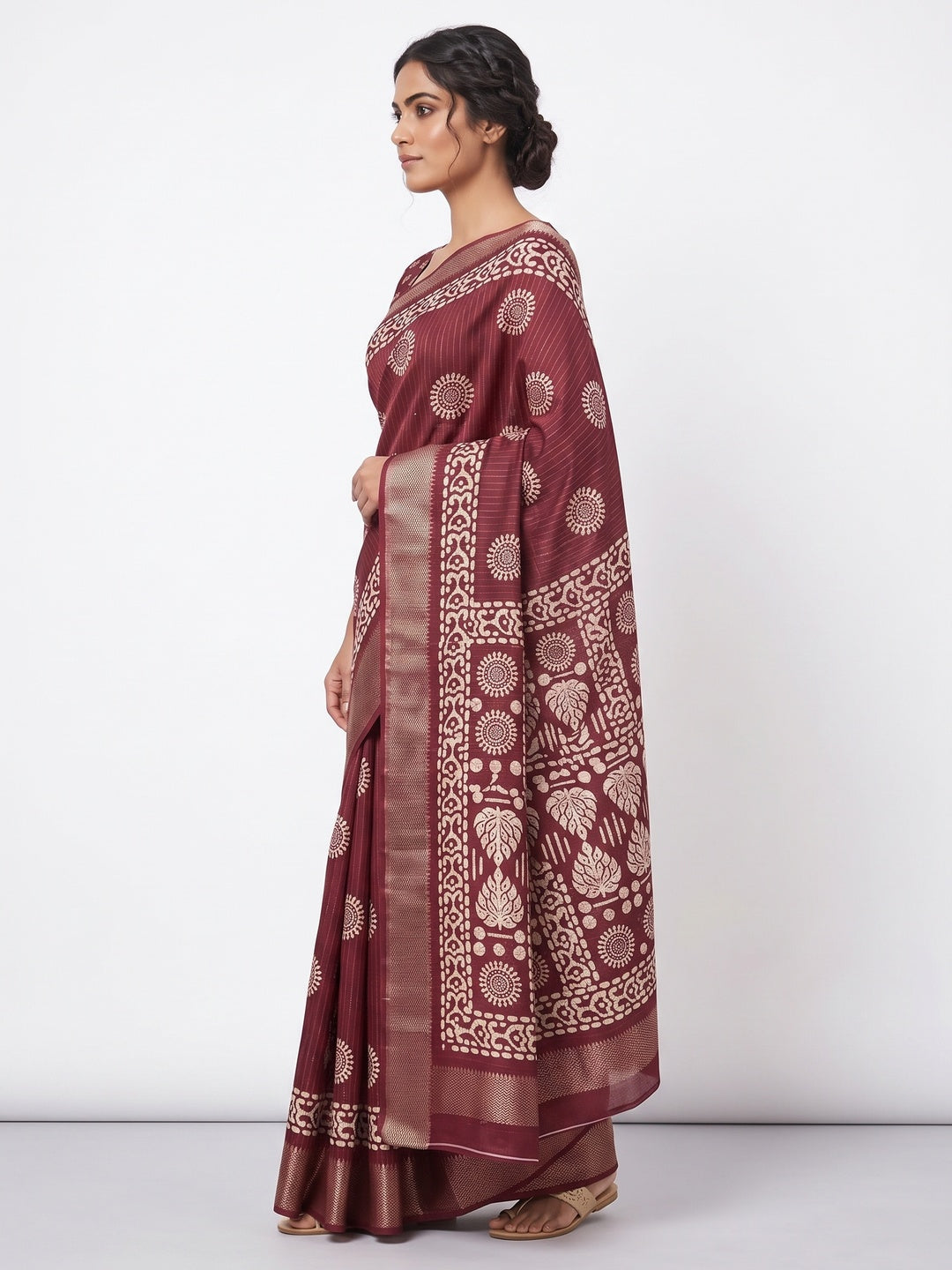 Classic Maroon Dola Silk Saree Adorned with Floral Motifs & Rich Zari Work - Image 3