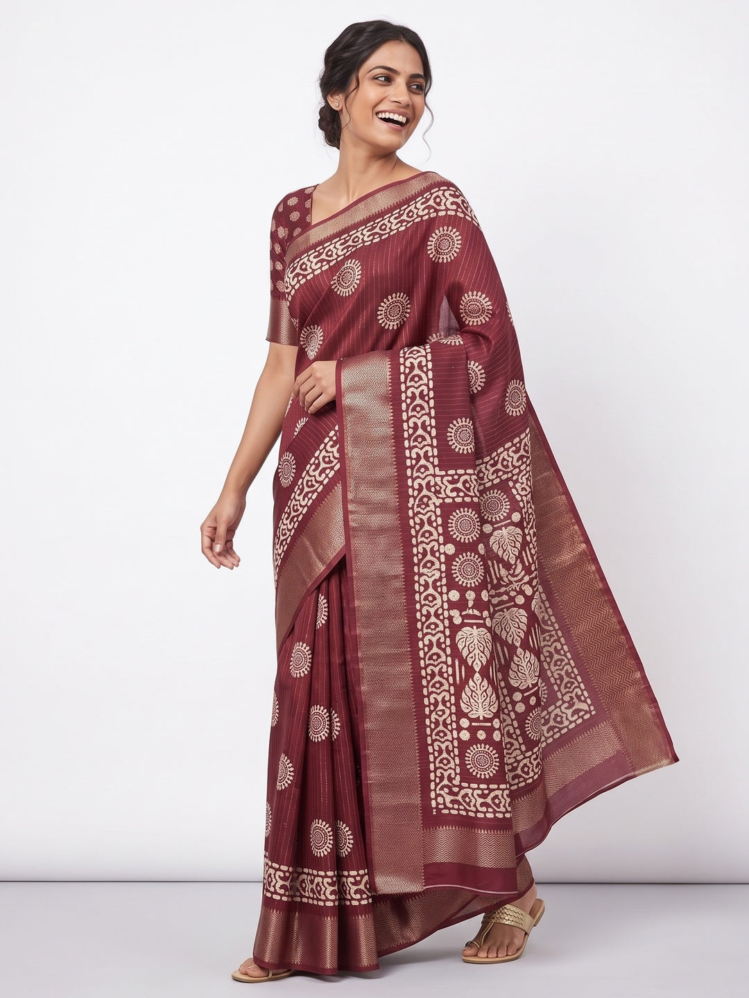 Classic Maroon Dola Silk Saree Adorned with Floral Motifs & Rich Zari Work - Image 4