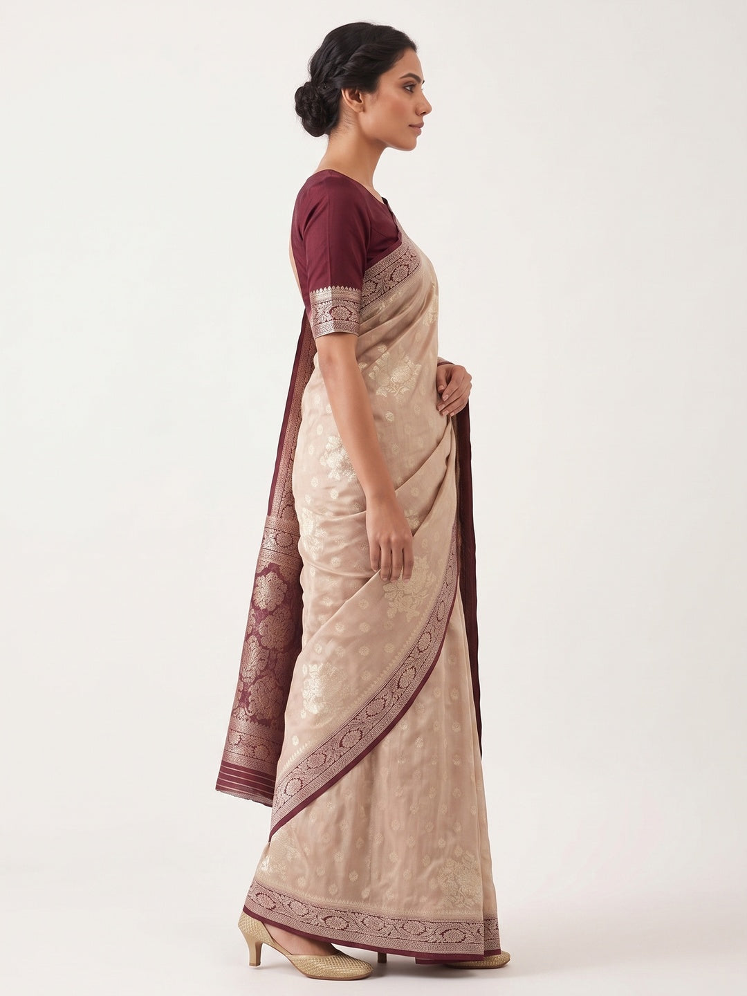 Beige Dola Silk Woven Saree with Allover Zari Butti Design - Image 3