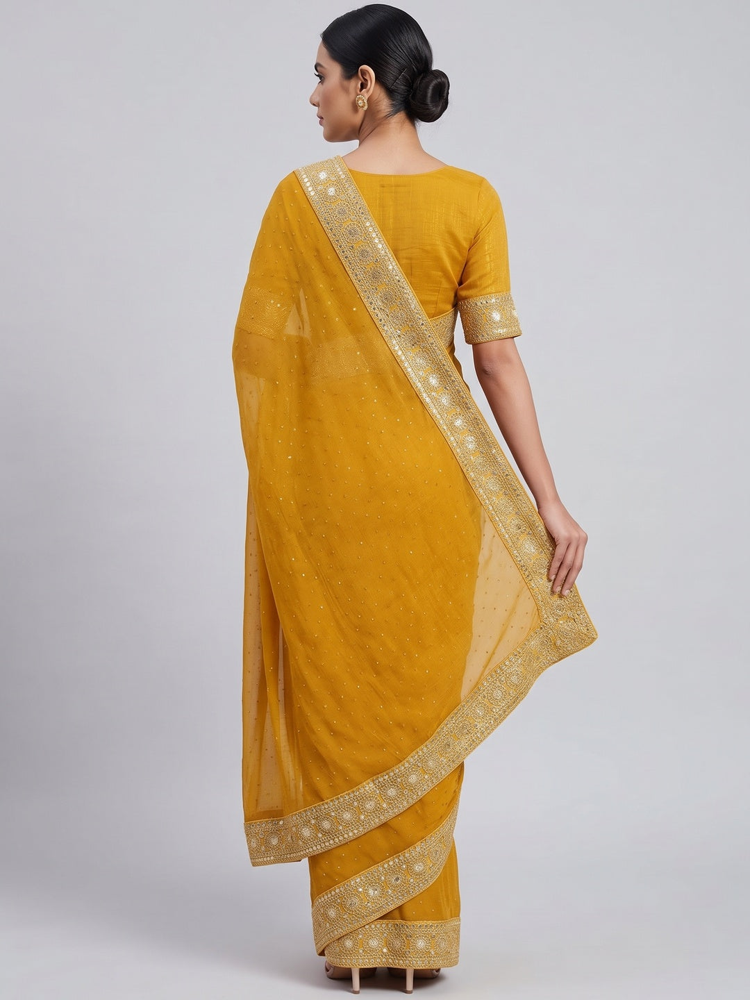 Graceful Mustard Chiffon Saree Adorned With Stonework & Sequins Embroidered Border - Image 2