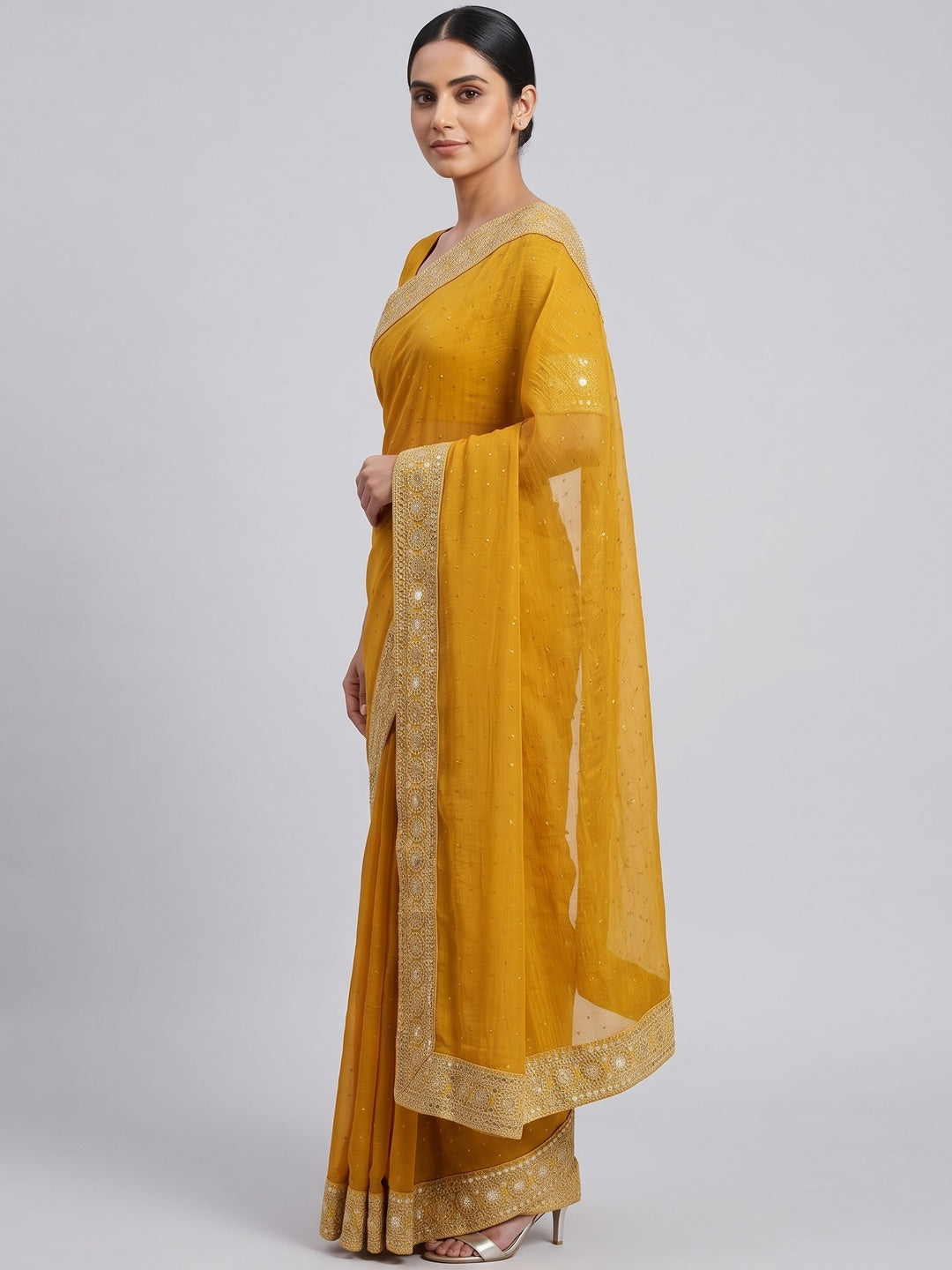 Graceful Mustard Chiffon Saree Adorned With Stonework & Sequins Embroidered Border - Image 3