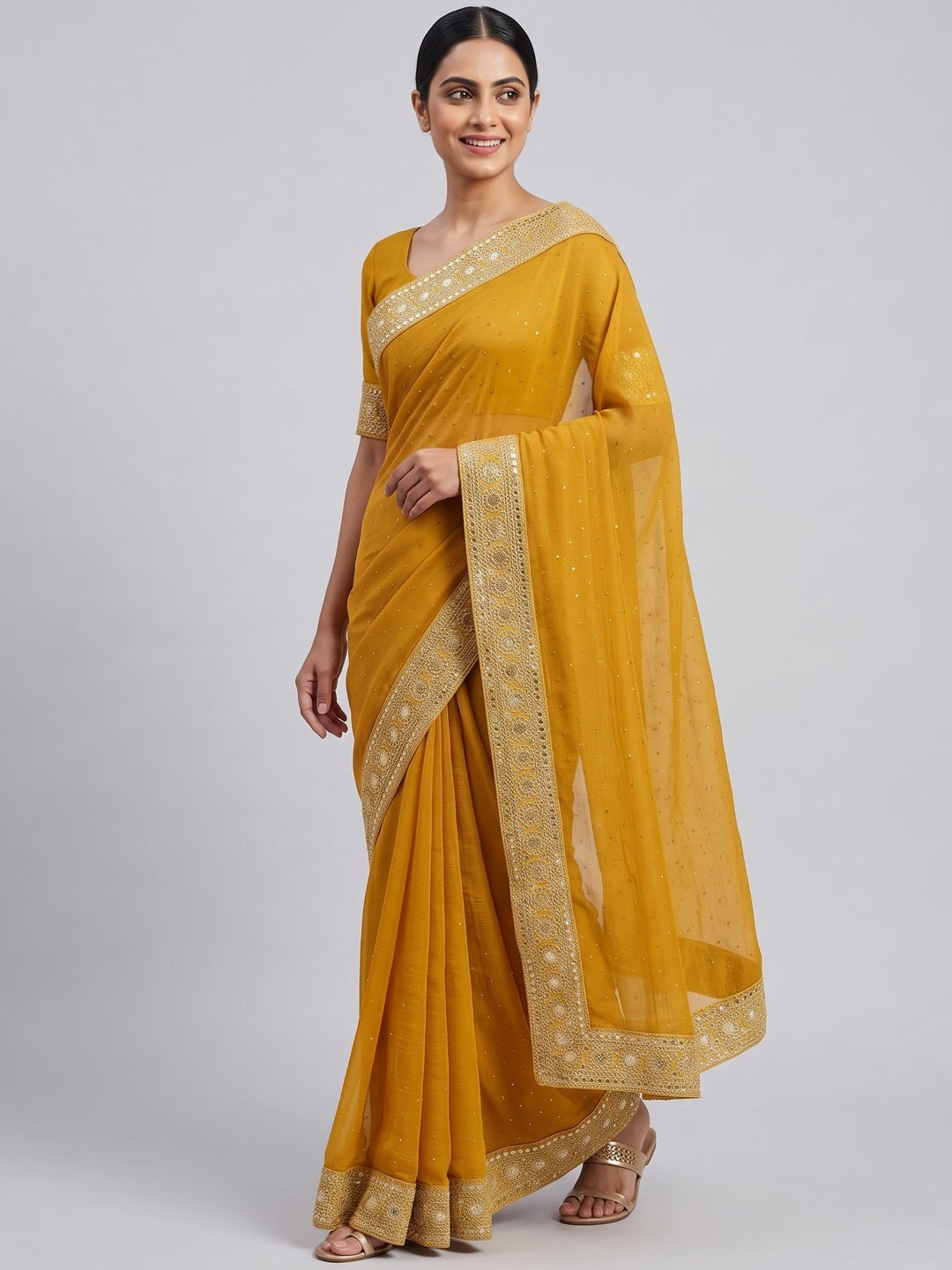 Graceful Mustard Chiffon Saree Adorned With Stonework & Sequins Embroidered Border - Image 4