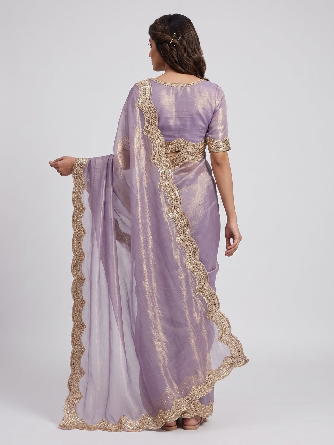 Lavender Solid Chiffon Saree Accented with Embellished Border - Image 2