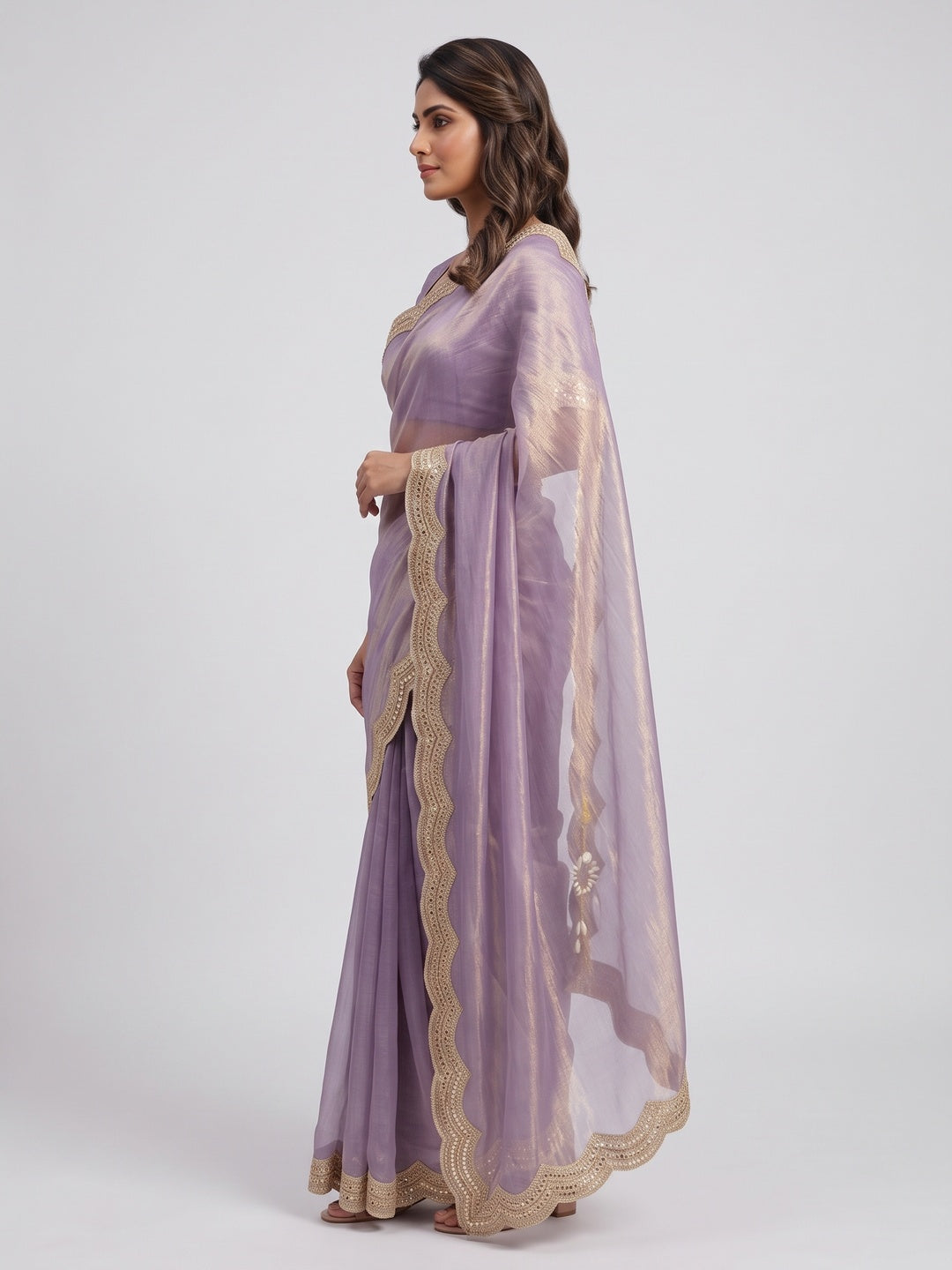 Lavender Solid Chiffon Saree Accented with Embellished Border - Image 3