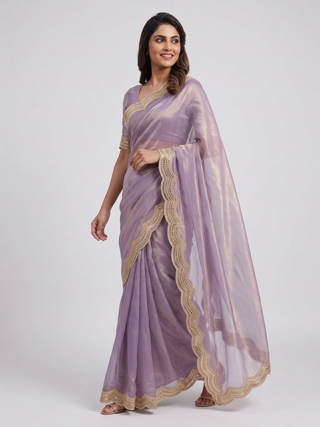 Lavender Solid Chiffon Saree Accented with Embellished Border - Image 4