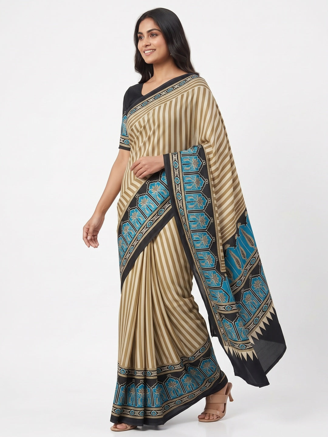 Graceful Chikoo & Black Crepe Silk Blend Saree Adorned with Bold Striped Print Work - Image 4