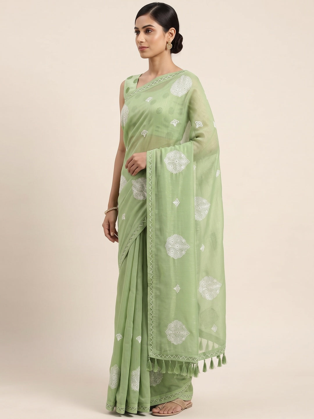 Green Embroidered Chiffon Saree With Elegant Tassel Borders - Image 3
