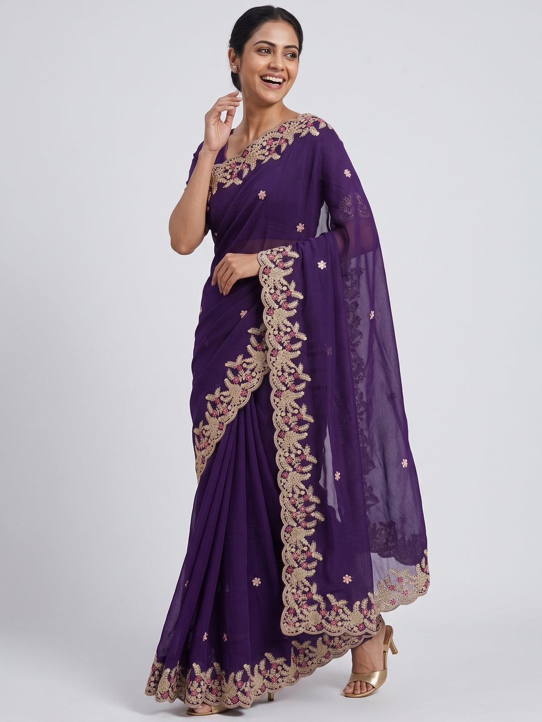 Party Wear Purple Floral Embroidered Crepe Saree with Elegant Sequin Finish - Image 4