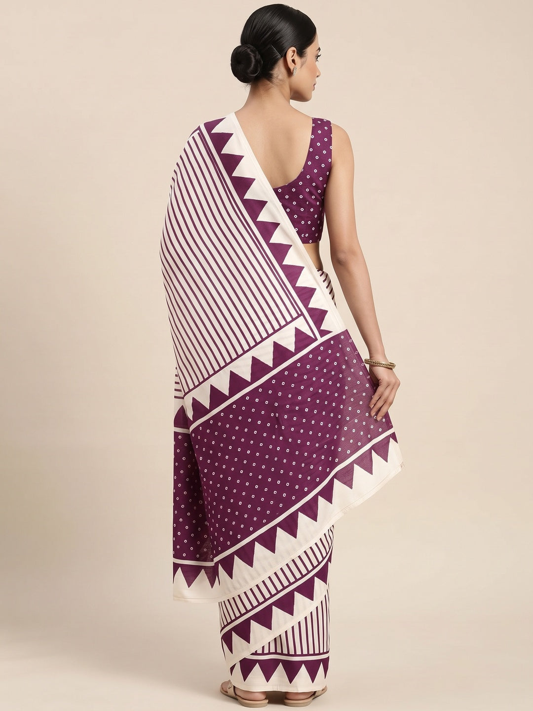 Party Perfect Off White & Purple Saree Crafted in Cream Crepe Fabric with Striped Print - Image 2