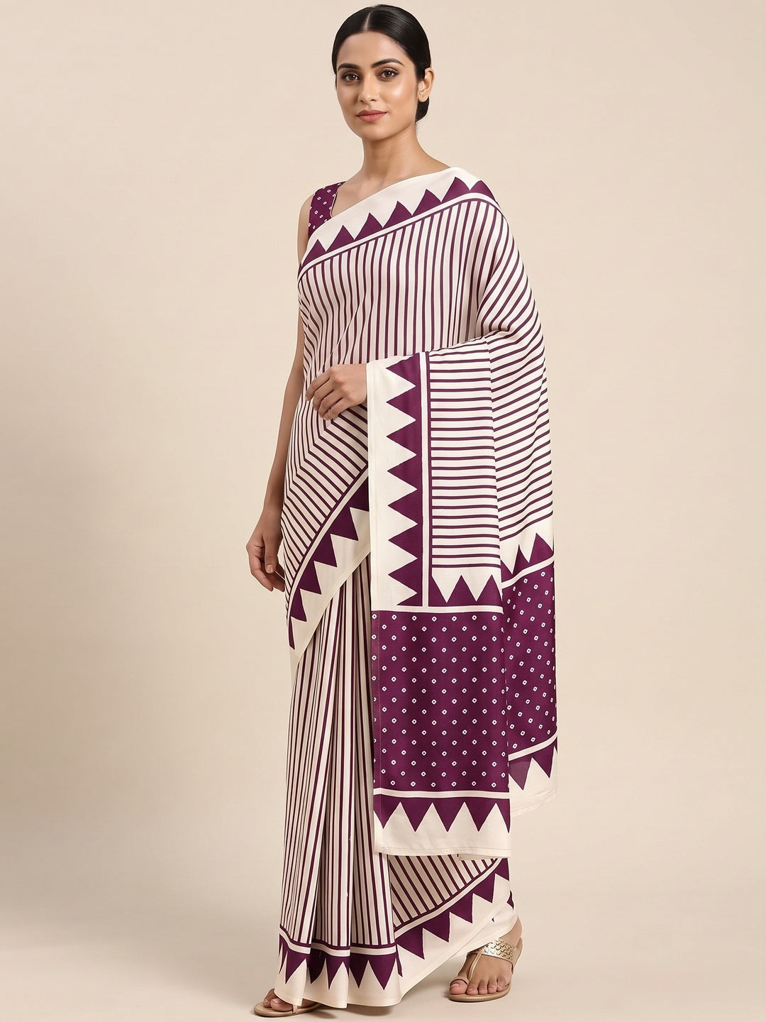 Party Perfect Off White & Purple Saree Crafted in Cream Crepe Fabric with Striped Print - Image 3