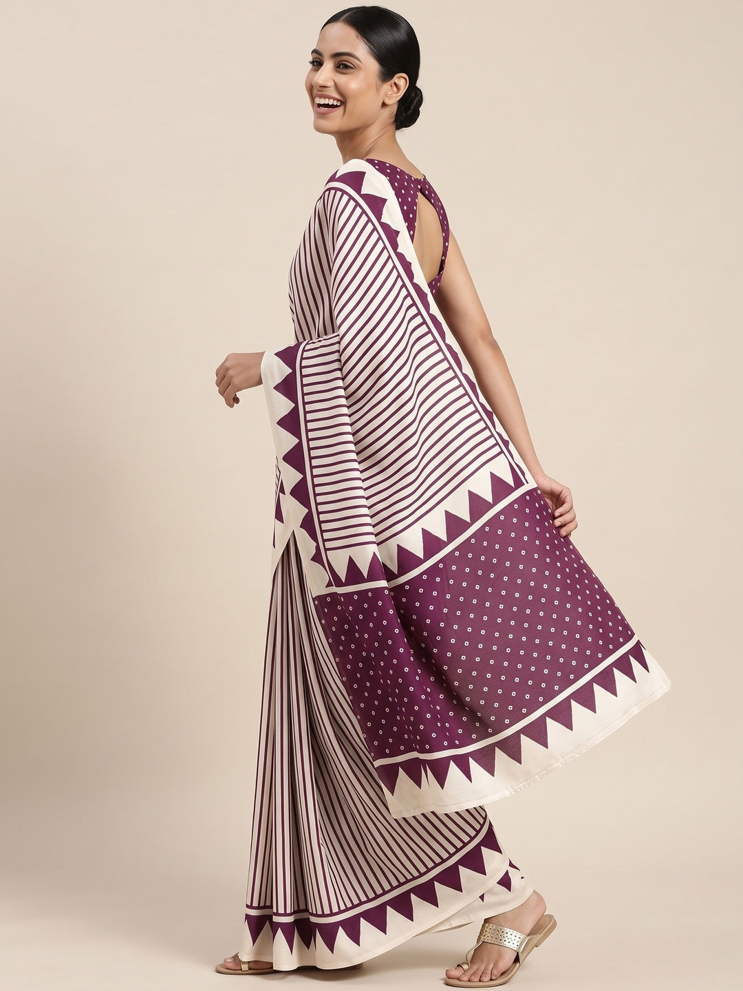 Party Perfect Off White & Purple Saree Crafted in Cream Crepe Fabric with Striped Print - Image 4