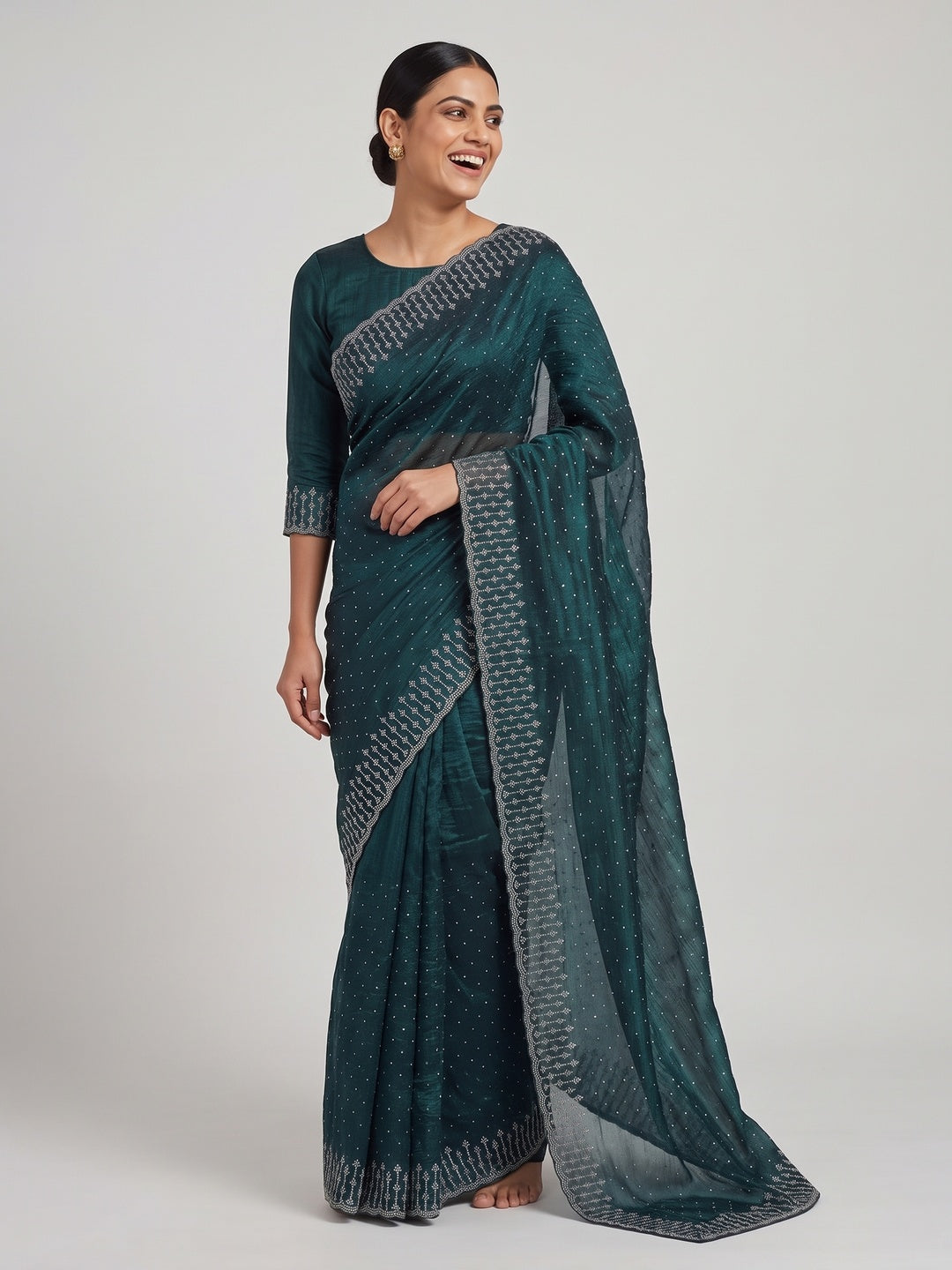 Morpich Green Organza Embellished Saree Adorned with Sparkling Stone Work - Image 4