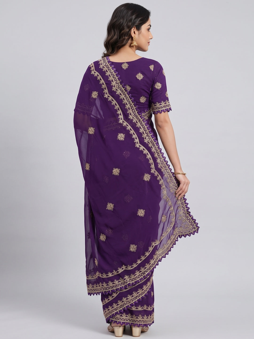 Radiant Purple Thread Work Georgette Silk Saree Beautifully Enhanced With Sequins Embellishment - Image 2
