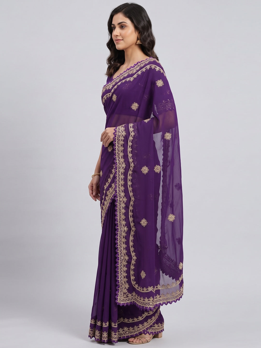 Radiant Purple Thread Work Georgette Silk Saree Beautifully Enhanced With Sequins Embellishment - Image 3