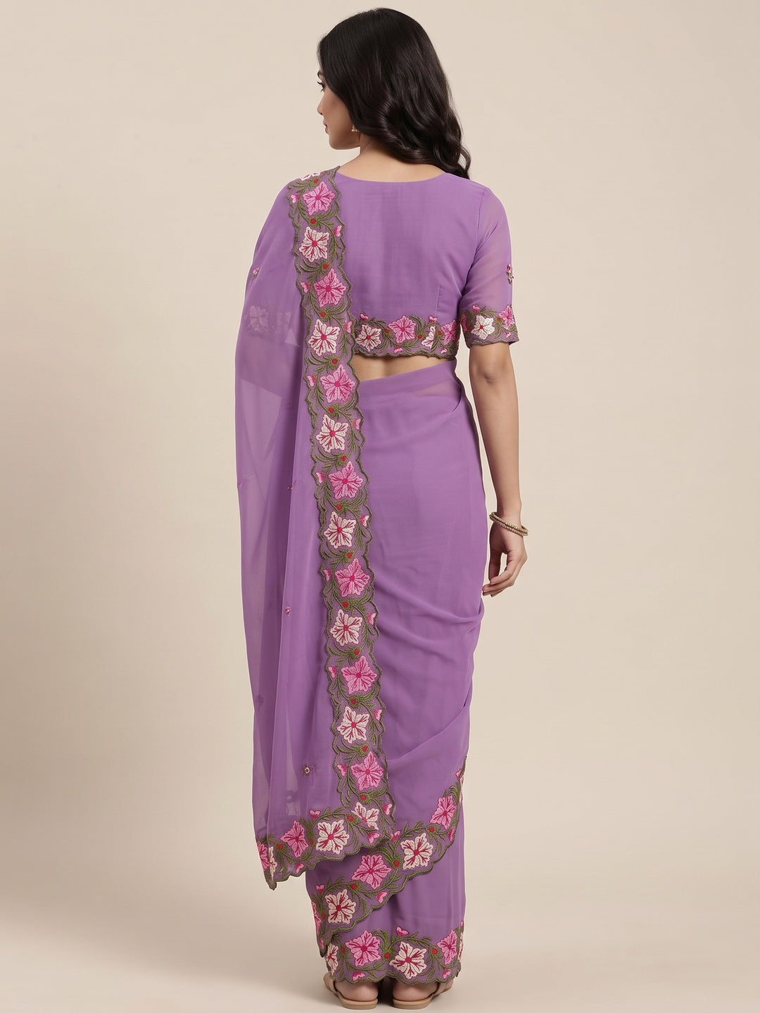 Purple Faux Georgette Saree Featuring Minimalist Floral Border Embroidery - Image 2