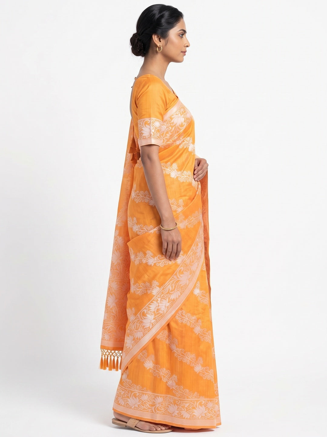 Orange Floral Woven Banarasi Silk Saree With Tassels - Image 3